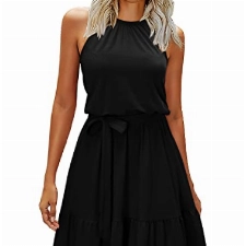 Newshows Sommerkleid Damen Knielang Elegant Kleid Neckholder Sommer Ärmellos Freizeitkleider mit Taschen(Schwarz, Mittel)