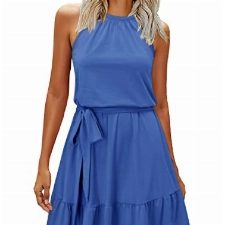 Newshows Sommerkleid Damen Knielang Elegant Kleid Neckholder Sommer Ärmellos Freizeitkleider mit Taschen(Blau, Mittel)