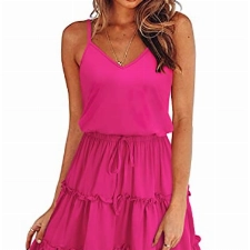 Newshows Sommerkleid Damen Knielang Spaghettiträger Kleid V-Ausschnitt Strandkleider(Rosenrot, Groß)