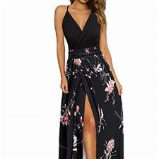 Newshows Sommerkleid Damen Lang Maxikleid Sommer V Ausschnitt Kleid Schlitz Freizeitkleid Elegant für Hochzeitsgast (Floral 26,Groß)