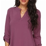 NILOUFO Damen Casual Sommer Shirts Kerbe V Ausschnitt Blusen 3/4 Rolle Ärmel Tops Tunika, Malvenfarben, Large
