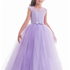 NNJXD Mädchen Kinder Spitze Tüll Hochzeit Kleid Prinzessin Kleider Größe (130) 6-7 Jahre Lila