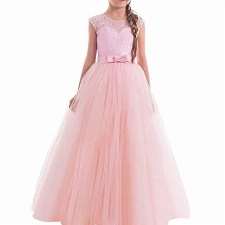 NNJXD Mädchen Kinder Spitze Tüll Hochzeit Kleid Prinzessin Kleider Größe (130) 6-7 Jahre Rosa
