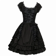 Nofonda Frauen Klassisch Schwarz Gothic Kostüm Cosplay Lolita Kostüm Abendkleid Layered Lace-Up Kurzarm Kleid (XXL)
