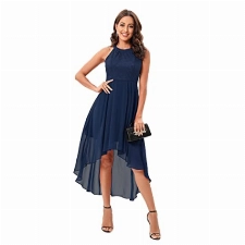 Odizli Abendkleider Elegant für Hochzeit Damen Rockabilly Sommerkleid Neckholder Spitze Swing Chiffonkleid Festlich Hochzeit Gast Abschlusskleid Cocktailkleid Kurz Vokuhila Kleid A#Navy Blau S