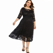 Odizli Kleider Große Größen Festlich Abendkleid Lang Elegant für Hochzeit Gast Mollige Frauen 3/4 Ärmel Spitzenkleid Damen Hochzeitsgast Coctailkleid Abschlusskleider Festkleider Abikleid Schwarz XL