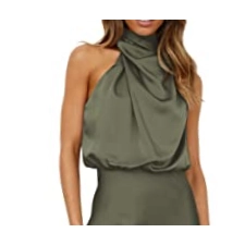 OLIPHEE Damen Satin Kleid Ärmellos Krawatte Taille Elegante Cocktail Party Langer schlank Kleid (M,Armeegrün)