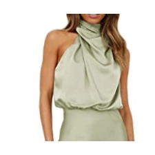 OLIPHEE Damen Satin Kleid Ärmellos Krawatte Taille Elegante Cocktail Party Langer schlank Kleid (S,Blassgrün)