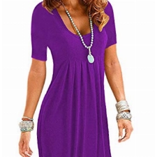 OMZIN Damen Kleider Sommer Tshirtkleid für Damen Kleider Knielang Tunika Winterkleid V-Ausschnitt Sommerkleid Elegant Brautkleid Violett XL