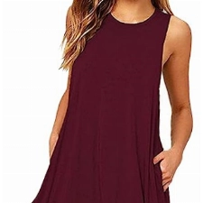 OMZIN Damen Round Neck Above Knee Baumwolle Tunika Kleid Tshirt, M, Tasche-wein Rot