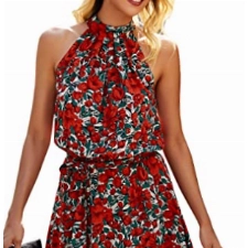 ONAYEYO Damen Blumen Kurz Sommerkleid Ärmellos Halter Neck Strandkleid Rüsche Sommer Boho Kleider mit Gürtel Polka Dot Leopardenmuster Minikleid (S, Rote Blume)