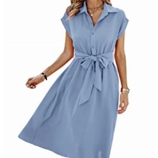 ONAYEYO Sommerkleid Damen Lang Einfarbig Knopf Midikleid Freizeitkleid Sommer V-Ausschnitt Kurzarm Shirt Kleid mit Tasche Elegant Blusenkleid Strandkleid mit Gürtel (XL, Hellblau)