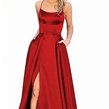 Onsoyours Abendkleider Damen Elegant V-Ausschnitt A-Linie Spitzenkleid Chiffon Lang Cocktailkleider Abschlussballkleid Partykleid Maxikleider Hochzeitskleid B Rot S