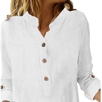 Onsoyours Bluse Damen Sommer Baumwolle Leinen Revers Shirts Langarm V-Ausschnitt Blusehemd Elegante Button-down Oberteile Casual Business Tops Weiß M