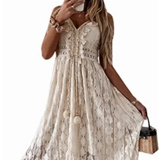 Onsoyours Damen Ärmellos V-Ausschnitt Retro Sommer Spitzen Strandkleid Maxi Kleider Boho Lang Lose Sommerkleid Elegant Casual A-Linie Kleid A Beige L