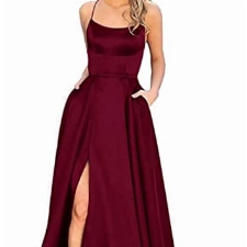 Onsoyours Damen Abendkleid Lange Hochzeit Brautjungfernkleid Bodenlang Partykleid Cocktailkleid Wickelkleid V-Ausschnitt Festlich Kleid Rückenfrei Neckholder Maxikleid B Dunkelrot S