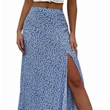 Onsoyours Damen Sommerrock Schlitzwickel Rock Hoher Taille Elegant Elastischer A Linie Lang Rock Freizeitrock Geteilte Midi-Wickelröcke Midirock Boho Blumenrock A Navy Blau M