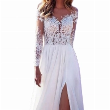 Onsoyours Damen V-Ausschnitt Hochzeitskleider Lang Ärmel Spitze Chiffon Boho Brautkleider Weiß 11 L