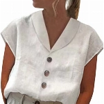 Onsoyours Leinen Bluse Damen Oversize Kurzarm Lose Leinenbluse V-Ausschnitt Knopf Einfarbig Blusen Hemd Shirt Sommer Shirt Oberteile Tunika Tops A Weiß 3XL