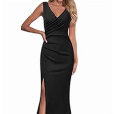 ORANDESIGNE Damen Abendkleid V-Ausschnitt A-Linie Party Hohe Taille Langes Kleid mit Schlitzen Einfarbig Schlank Ärmelloses Abendkleid Cocktail A Schwarz L