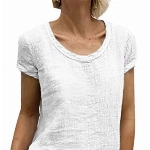 ORANDESIGNE Damen Kurzarm T-Shirt Leinen-Mix Rundhals Blusen Beiläufig Einfarbig Shirt Sommer Lose Shirt Tees Weiß 40