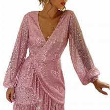 ORANDESIGNE Damen Paillettenkleid Langarm Pailletten Minikleider Sexy Laterne Ärmel Kleid Glitzer Pailletten Kurz Party Kleider Abendkleid 05 Rosa M