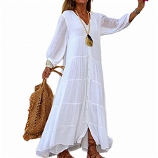 ORANDESIGNE Sommerkleid Damen Kleid Elegant V-Ausschnitt Langarm Bedrucktes Strandkleid Casual Lose Lang Kleid Boho Vintage Maxi Kleider M Weiß L