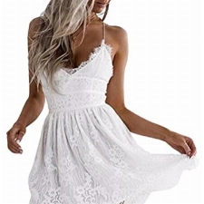 ORANDESIGNE Sommerkleid Damen Kurz Spitzenkleid Sommer V-Ausschnitt Böhmen Blumen Rückenfrei Kleid Årmellos Hohe Taille Sommerrock Casual Cocktail Abschlussball A Weiß M