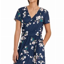 OUGES Damen Sommerkleid Kurzarm V-Ausschnitt Knielang Blumenmuster Midi Kleid mit Taschen（Florals, XL）