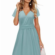 OUGES Damen Sommerkleid Kurzarm V-Ausschnitt Knielang Midi Kleid mit Taschen（Blau, L）