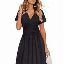 OUGES Damen Sommerkleid Kurzarm V-Ausschnitt Knielang Midi Kleid mit Taschen（Schwarz, L）