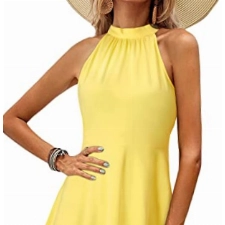 OUGES Damen Sommerkleid Neckholder Ärmellos A-Linie Kleider Einfarbig Baumwolle Kleid Knielang Cocktailkleid（Gelb，M）