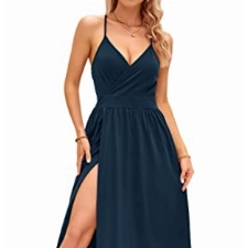 OUGES Damen Sommerkleid V-Ausschnitt Maxikleid Rückenfreies High Waist Spaghetti Strap Freizeitkleid Lang Split Kleider(Marine,L)