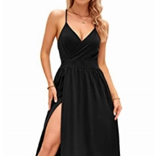 OUGES Damen Sommerkleid V-Ausschnitt Maxikleid Rückenfreies High Waist Spaghetti Strap Freizeitkleid Lang Split Kleider(Schwarz,M)