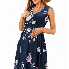 OUGES Damen V-Ausschnitt Ärmellos Sommer Blumen Umstandskleider Stillkleid mit Taschen(Floral8-315,L)
