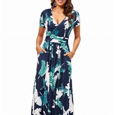 OUGES Sommerkleid Damen Kurzarm V-Ausschnitt Kleider Casual Boho Kleid Maxikleid mit Taschen(Feder, L)