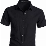 PARKLEES Herren Tailliertes Baumwollleinen Casual Kurzarm Knopfleiste Hemden Leichte Strandoberteile mit Tasche, Schwarz , L