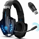 PHOINIKAS Gaming Headset Wireless, Kabellose Kopfhörer, für PS4/PS5/Switch/PC, 2.4GHz-Dongle und 3.5-mm-Audiokabel, Abnehmbares Mikrofon mit Geräuschunterdrückung, 7.1 Stereo, LED-Leuchten