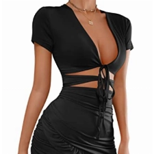 popiv Damen V-Ausschnitt Bodycon Kleid Casual Kurzarm Sommerkleid Enges Wickelkleid Mini Partykleid