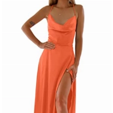 PRETTYGARDEN Frauen Sommer Sexy Wasserfallausschnitt Spaghettiträger Ärmellos Lange Satin Kleid Schlitz Club Slip Maxi Kleider 2023, Solid Orange, Mittel