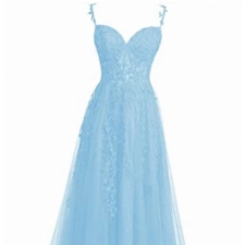 QSICO Damen Tüll Abendkleider Elegant Spitze Appliques Ballkleider Lange Split Formeller Abschlusskleid(Hellblau,34)