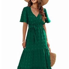 QUNERY Sommerkleid Damen Lang Kleider Elegant V Ausschnitt Swiss Dot Freizeitkleider Einfarbig Kurzarm Maxikleid mit Gürtel Strandkleid Cocktailkleid A-Grün M