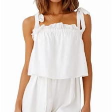 REORIA Damen ärmelloser fließender Overall Süßer einfarbiger Strampler quadratischem Ausschnitt Romper Jumpsuit mit verstellbaren Schultergurten Weiß S