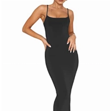 REORIA Damen Sexy Lounge Slip Langes Kleid Elegantes Hochzeitsgast ärmelloses rückenfreies Geripptes figurbetontes Maxikleid Schwarz L