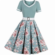 Rockabilly Kleider Damen 50er Jahre Petticoat Kleid Vintage Audrey Hepburn Kurzarm V-Ausschnitt Polka Dot Swing Coctailkleid Hochzeit Gast Festlich Knielang Sommerkleid Abendkleid Grün Blume L