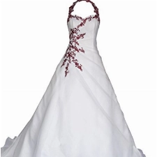 Romantic-Fashion Brautkleid Hochzeitskleid Neckholder Weiß Modell W021 A-Linie Satin Perlen Pailletten bordeauxrote Stickerei DE Größe 48