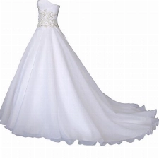 Romantic-Fashion Brautkleid Hochzeitskleid Weiß Modell W031 A-Linie Lang Satin Trägerlos Perlen Strass DE Größe 36