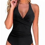 RXRXCOCO Badeanzug Damen Bauchweg Push Up Shape Bademode Neckholder Badeanzug Rückenfrei Schwarz Size XL