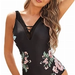 SCARLET DARKNESS Damen V-Hals Badeanzüge Mesh-Patchwork Einteilige Bademode Rückenfrei Monokini Schwarz mit Blumendruck S