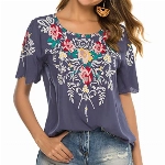 Seasonal Damen Sommer Bluse Mexiko Stickerei Tunika Boho Hippie Blusen Bohemian Kurzarm Lose Tops(3XL, 082-Grau)